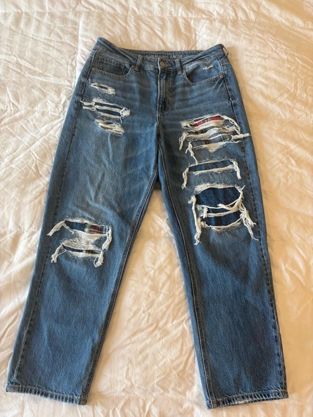 American Eagle Blue Distressed Mom Straight Jeans with Plaid Underlay Size 10R